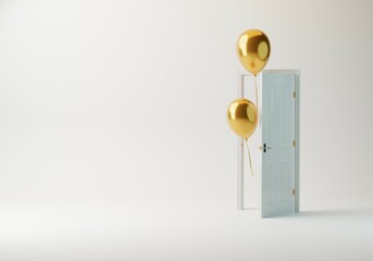 3d render with copy space, monochromatic open door isolated on white background with golden balloons. Architectural design element. Modern minimal success concept. Elegant, abstract metaphor.