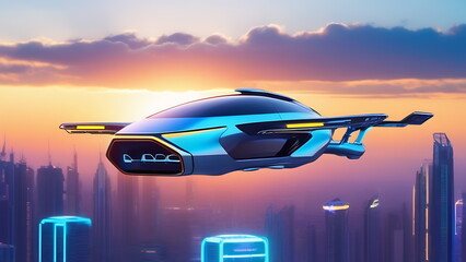 Futuristic flying electric car without wheels with wings in the sky at sunset against the backdrop of skyscrapers illuminated with neons
