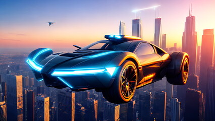 An electric car flies in the sky at sunset