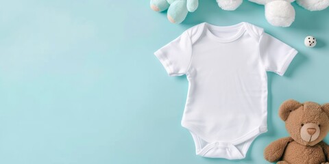 White cotton baby short sleeve bodysuit with teddy beard and soft plush toys on light blue background. Infant onesie mockup. Gender neutral newborn bodysuit template mock up. Top view