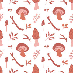 Seamless pattern with edible and inedible mushrooms, leaves, berries, branches. Autumn forest in brown color. Vector illustration for fabric, wrapping, textile, wallpaper, apparel.