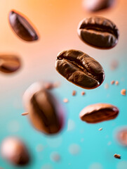 Floating coffee beans on colored gradient background. Close-up of aromatic flying coffee beans. Levitating coffee bean scatter on a pastel backdrop. Natural cosmetics concept
