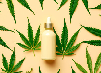CBD body lotion in dropper bottle with hemp oil on cannabis leaf background. CBD oil cosmetics, organic skin care. Natural cannabis beauty product with a dropper. CBD oil in a clear bottle