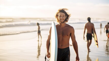 Portrait of smiling young man holding surfboard while standing on beach at sunset. Sport concept. Vacation and Travel Concept with Copy Space. - obrazy, fototapety, plakaty