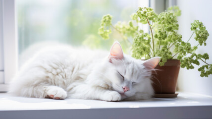 a white fluffy cat sleeps on the windowsill next to a flower that grows in a pot