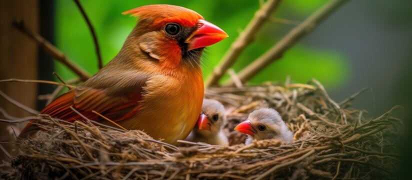 cardinal bird feeding nestlings in the nest
