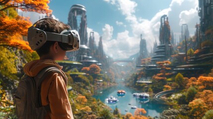 A boy with virtual reality glasses stands in a park. The scenery around him transforms into a futuristic cityscape, showcasing the world as the boy perceives it through his VR glasses.