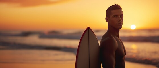 Portrait of handsome young man with surfboard on the beach at sunset. Sport concept. Vacation and...