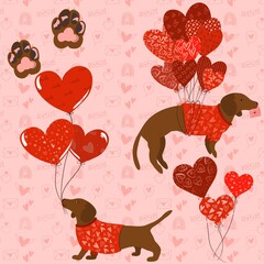 dachshund illustration for valentines day with balloons