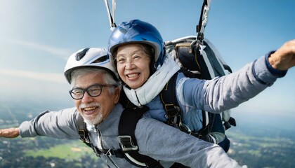 A senior or elderly couple tandem skydiving 