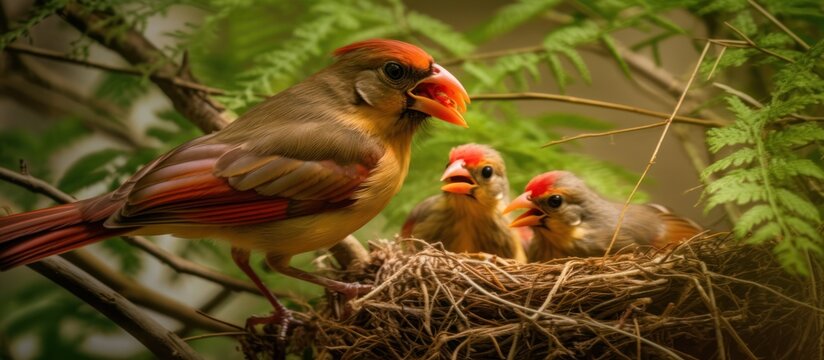cardinal bird feeding nestlings in the nest