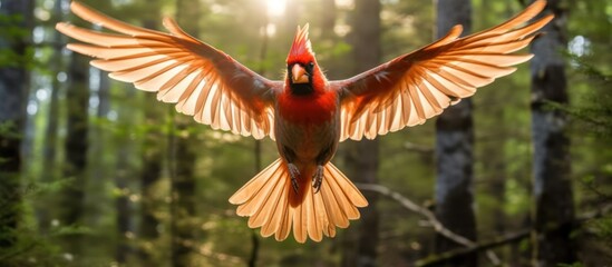 Fototapeta premium cardinal bird flying in the forest over in river