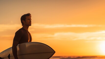 Young man with surfboard on the beach at sunset or sunrise. Sport concept. Vacation and Travel Concept with Copy Space.