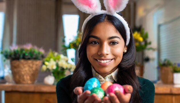 Happy young woman wearing bunny ears and having Easter Eggs