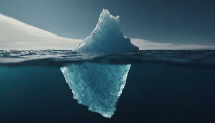 Iceberg floating on dark sea, large part visible underwater, smaller tip above surfac