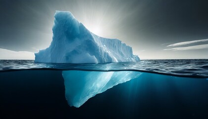 Iceberg floating on dark sea, large part visible underwater, smaller tip above surfac
