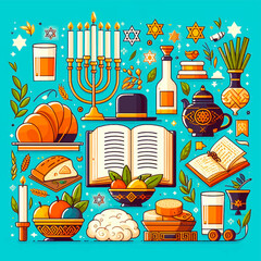 Jewish holiday, Purim, color flat design, on a blue background, set of symbols for poster