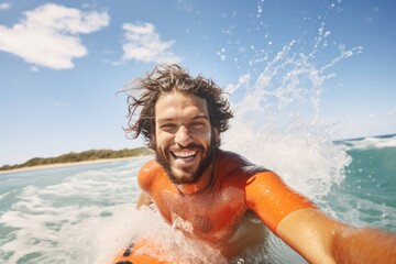 Portrait of happy man splashing water in ocean on a sunny day. Sport concept. Vacation and Travel...