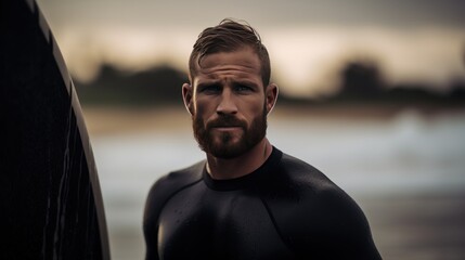 Portrait Of A Surfer Wearing Wetsuit With Surfboard. Sport concept. Vacation and Travel Concept...