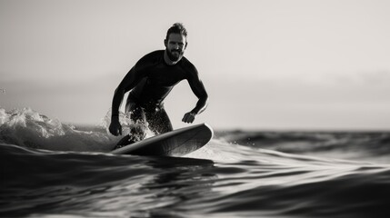 Surfer at sunset in the ocean. Black and white photo. Sport concept. Vacation and Travel Concept...