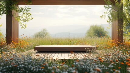 A minimalist stage set in a serene meadow, surrounded by wildflowers and tall grass