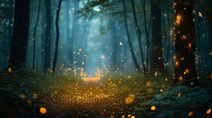 A magical forest scene with fireflies, conveying the enchantment of a secret rendezvous - obrazy, fototapety, plakaty