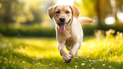 A pet dog joyfully bounding through the backyard, pure bliss in its eyes