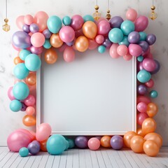 Obraz premium A minimalist party display with an understated frame and floating balloons in rainbow colors