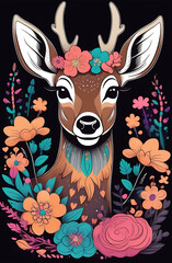 The head of a young deer on a black bacground surrounded by flowers
