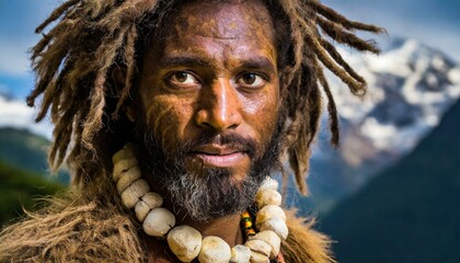  A commanding, primal neanderthal or cave man with wild hair and an intense gaze, adorned with tribal bone necklaces