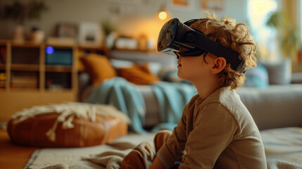 Obraz premium A child wearing virtual reality glasses is in the living room. translucent dinosaurs, as if we are viewing the room through the boy's eyes as he looks through the VR glasses