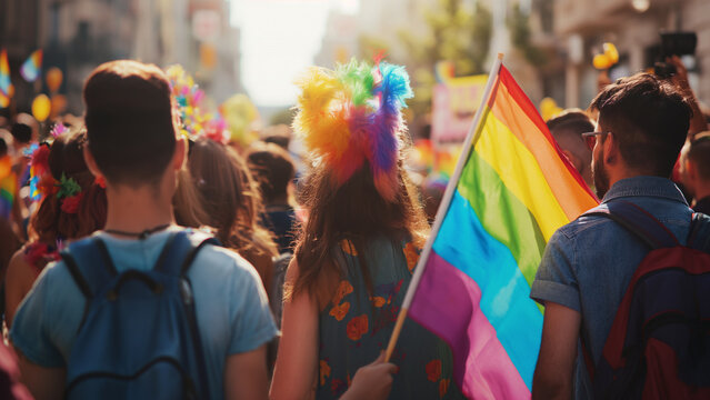 Rear view of people in the pride parade. Group of people on the city street with gay rainbow flag.