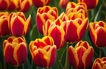 Bush of red tulips close-up, sun rays, photography