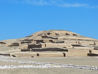 Cahuachi  complex of truncated adobe pyramids of ancient Nazca culture In Peru’s Desert..