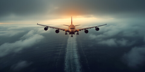 Obraz premium The plane takes off at sunset overlooking the sea. Beautiful sunset light or sunrise over the sea, colorful sunset sky scenery with amazing clouds and sea.