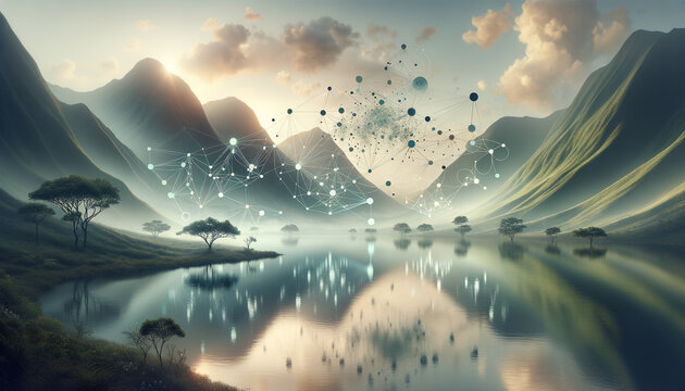 Tranquil landscape with interconnected nodes representing Markov decision processes