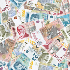 Seamless pattern with various banknotes of Serbian dinar - obrazy, fototapety, plakaty