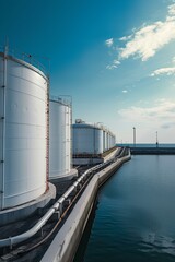 Obraz premium Side view of oil terminal storage tank, White oil tank storage chemical petroleum petrochemical refinery product at oil terminal. generative AI