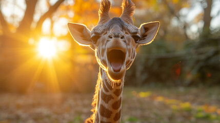 Giraffe with open mouth on nature background. Selective focus. Sunrise time. Funny atmosphere. Copy space 