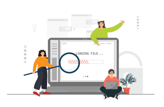 People searching information on the web site at the laptop, downloading files to the computer, surfing internet, freelance work concept, online learning concept, flat vector illustration