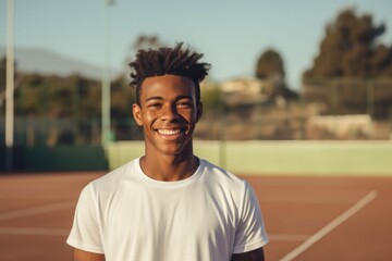 Portrait of a happy young black man smiling on tennis court