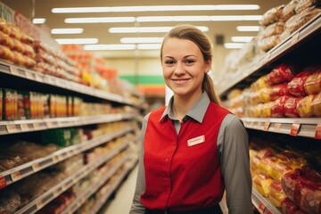 Portrait of a smiling female employee standing in supermarket aisle