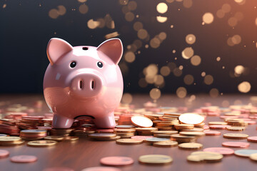 "A 3D render composition features coins stacking and coins dropping into a pink piggy bank on a table, delivering the message of money saving, deposit, Generative AI,