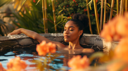  Young African American Woman relaxing in a spa pool surrounded by lush foliage and flowers, tropical paradise