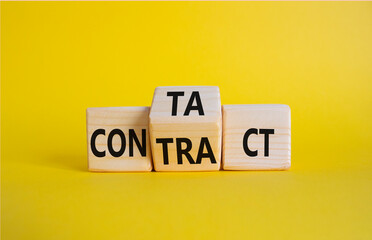 Contact and Contract symbol. Wooden cubes with words Contract and Contact. Beautiful yellow background. Contact and Contract and business concept. Copy space