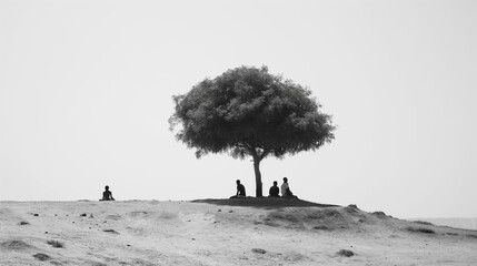 Contrast and Repose: Solitary Figures Resting Beneath a Lone Tree's Canopy, Stark Beauty in a Black and White Landscape