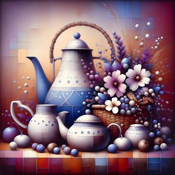 The teapot was classy and the blue pitcher had tiny purple flowers on it.
