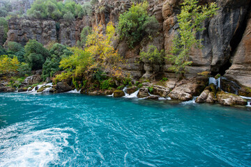 Transparent waters of Kopru River (Köprüçay, ancient Eurymedon) with its emerald green colour in Koprulu Canyon (Köprülü Kanyon) National Park, Antalya, Turkey. It's a rafting paradise