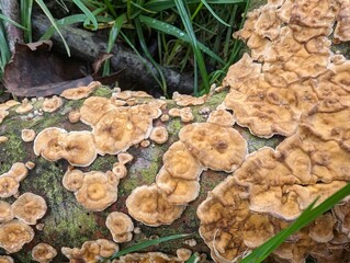 Stereum (curtain crust) fungus growing on a log, United Kingdom