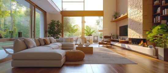 Fototapeta premium spacious living room with fireplace in new place